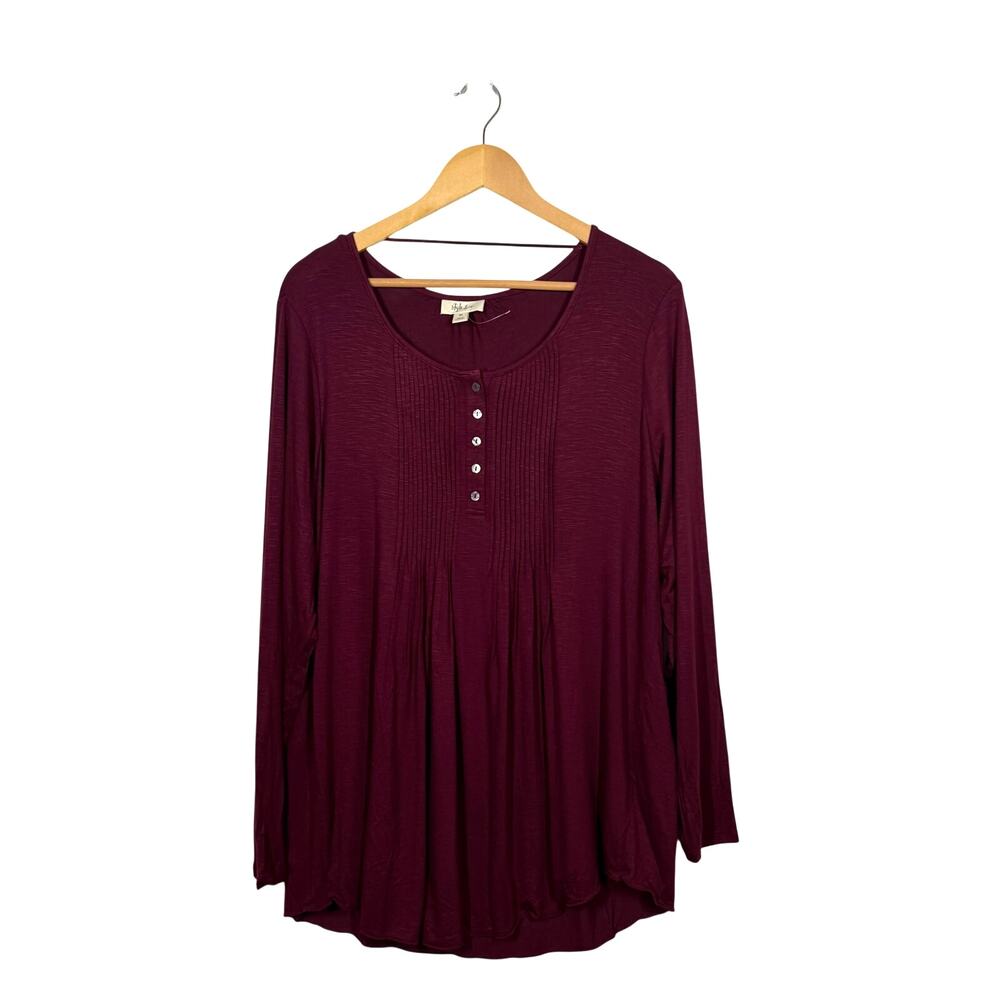 Style & Co Henley Tunic Top‎ Womens Size 0X Burgundy Long Sleeve Pleated Flowy